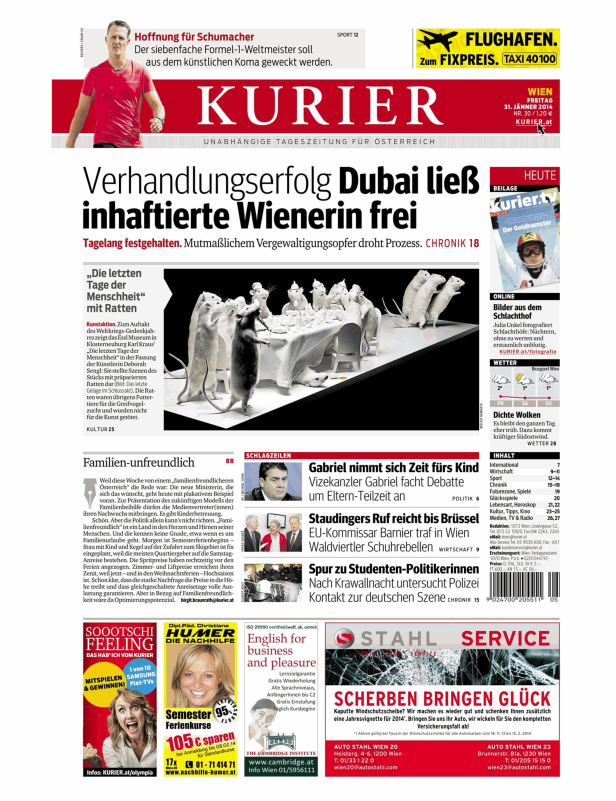 Titelseite des Kurier vom 31. Januar 2014 mit verschiedenen Nachrichten und Anzeigen.
