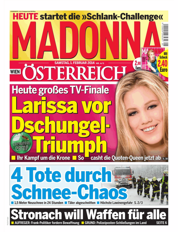 Titelseite der Zeitung „Madonna“ vom 1. Februar 2014 mit Schlagzeilen zu Larissa im Dschungelcamp und Schneechaos.