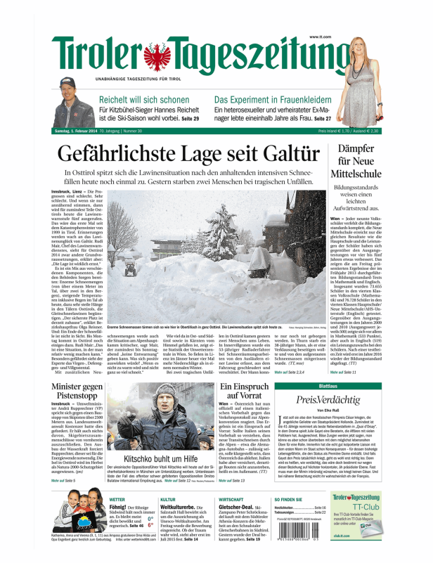 Titelseite der Tiroler Tageszeitung vom 1. Februar 2014 mit dem Titel „Gefährlichste Lage seit Galtür“.