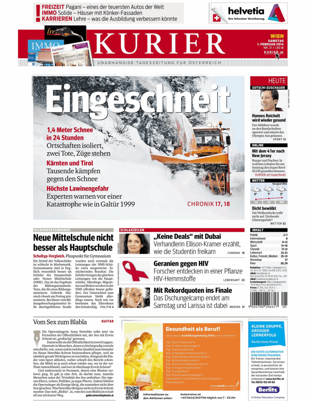 Titelseite des Kurier vom 1. Februar 2014 mit dem Titel „Eingeschneit“ und Berichten über Schneechaos.