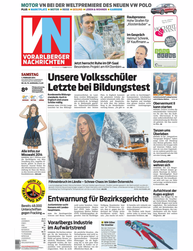 Titelseite der Vorarlberger Nachrichten mit Artikeln zu Bildung, Schneechaos und Bezirksgerichten.