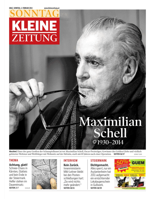 Titelseite der „Kleinen Zeitung“ vom 2. Februar 2014 mit einem Porträt von Maximilian Schell.