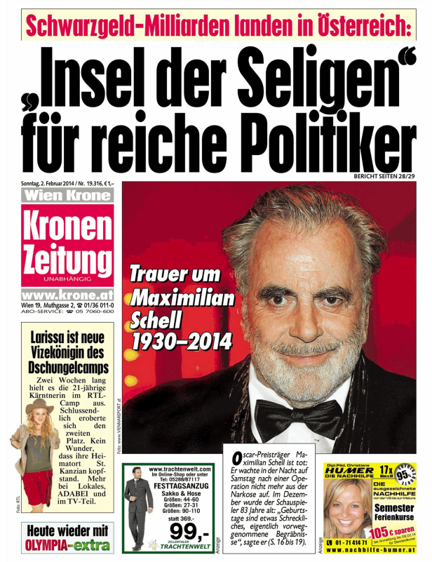Titelseite der „Kronen Zeitung“ vom 2. Februar 2014 mit einem Nachruf auf Maximilian Schell.