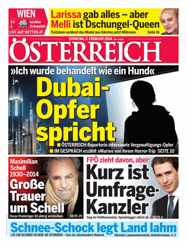 Titelseite der Zeitung „Österreich“ vom 2. Februar 2014 mit Schlagzeilen zu Dubai-Opfern, Maximilian Schell und Sebastian Kurz.
