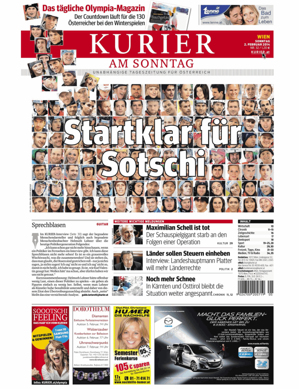 Titelseite des Kurier am Sonntag vom 2. Februar 2014 mit dem Titel „Startklar für Sotschi“.
