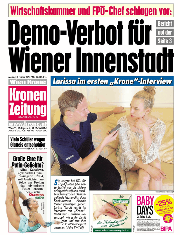 Titelseite der „Kronen Zeitung“ vom 3. Februar 2014 mit Larissa Marolt im Interview.