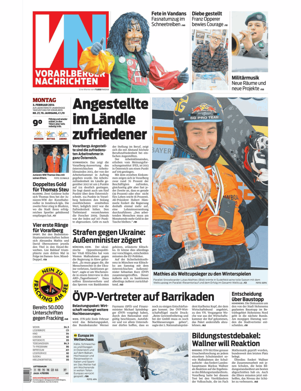 Titelseite der Vorarlberger Nachrichten mit Artikeln über Politik, Sport und lokale Ereignisse.