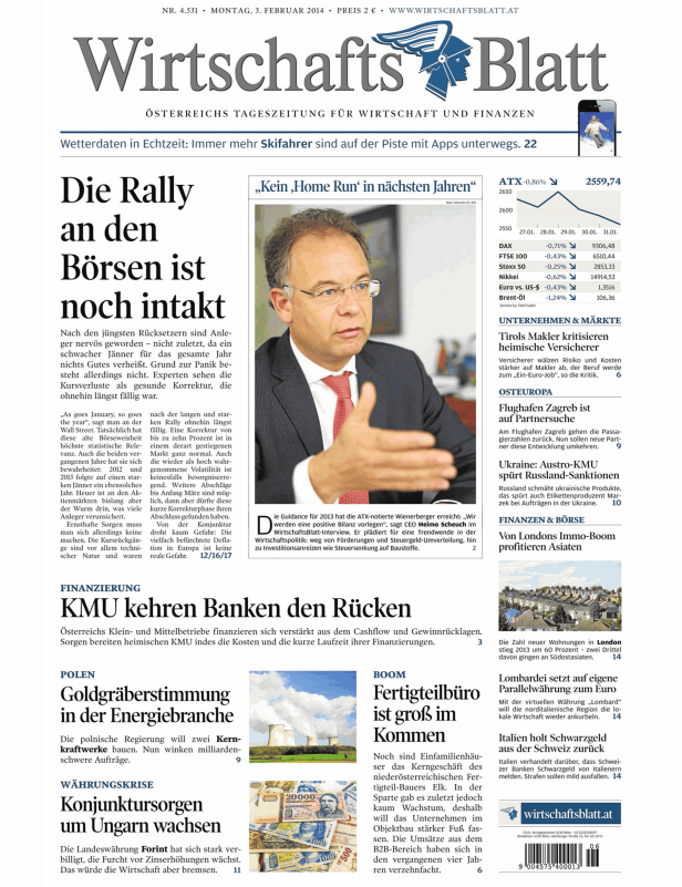 Titelseite des WirtschaftsBlatt vom 3. Februar 2014.
