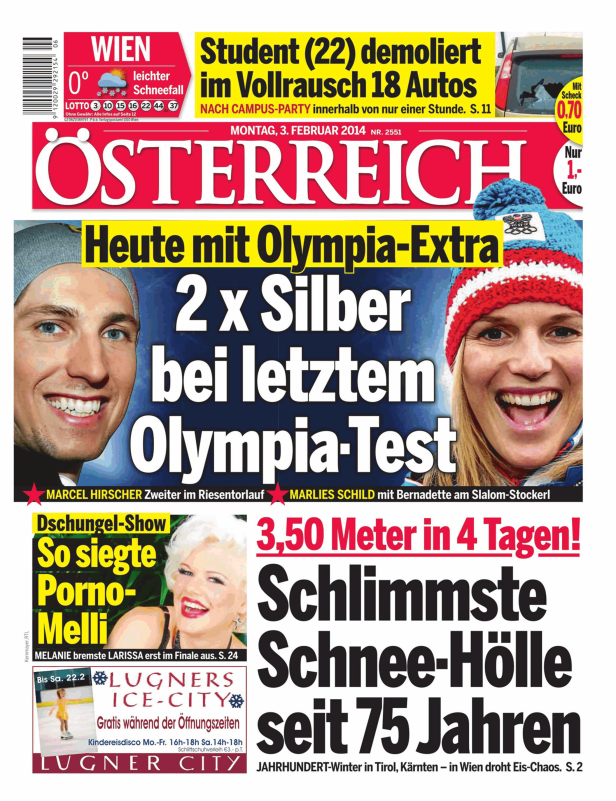 Titelseite der Zeitung „Österreich“ vom 3. Februar 2014 mit Schlagzeilen zu Olympia und Schneechaos.