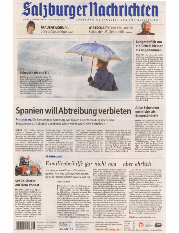 Titelseite der Salzburger Nachrichten vom 3. Februar 2014.