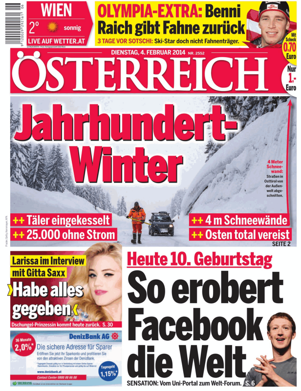 Titelseite der Zeitung „Österreich“ vom 4. Februar 2014 mit dem Titel „Jahrhundert-Winter“.