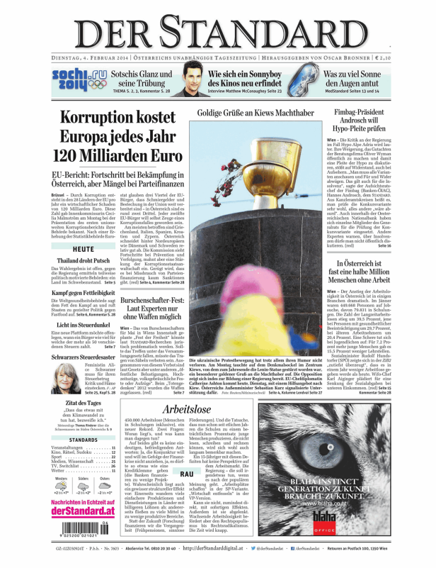 Titelseite der Zeitung „Der Standard“ vom 4. Februar 2014.