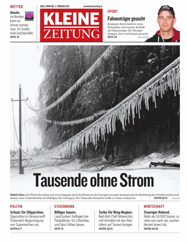 Eis und Schnee bedecken Stromleitungen und Bäume, was zu Stromausfällen führt.