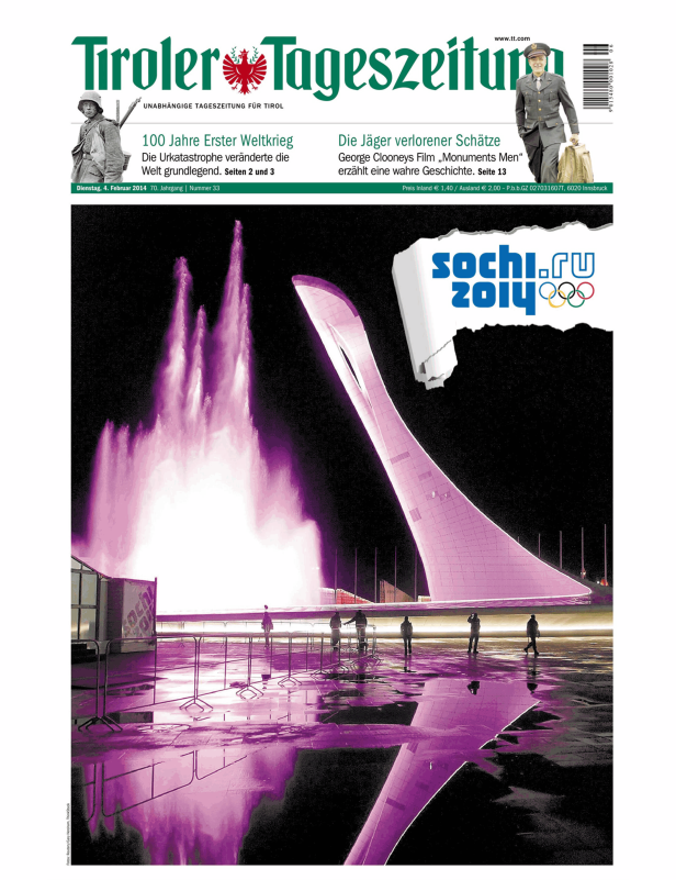Das Olympiastadion in Sotschi mit Wasserspielen im Vordergrund.