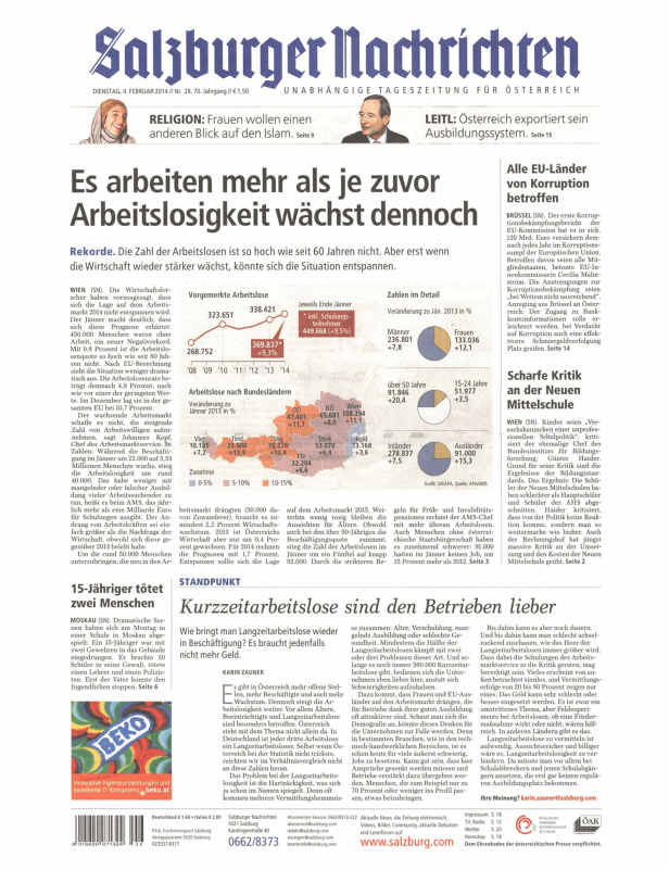 Titelseite der „Salzburger Nachrichten“ vom 4. Februar 2014.