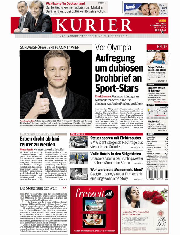 Titelseite des Kurier vom 5. Februar 2014 mit Nachrichten und Schlagzeilen.