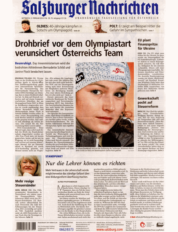 Die Salzburger Skifahrerin Bernadette Schild in einem Porträt. Im Artikel wird über eine Entführungsdrohung berichtet.
