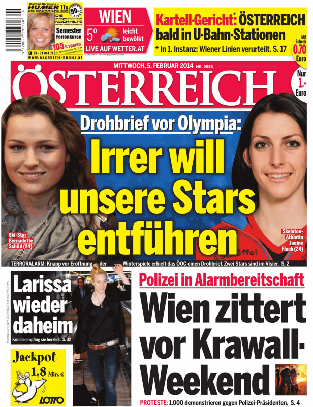 Titelseite der Zeitung „Österreich“ vom 5. Februar 2014 mit Schlagzeilen zu Olympia, Krawall und einem Lotto-Jackpot.