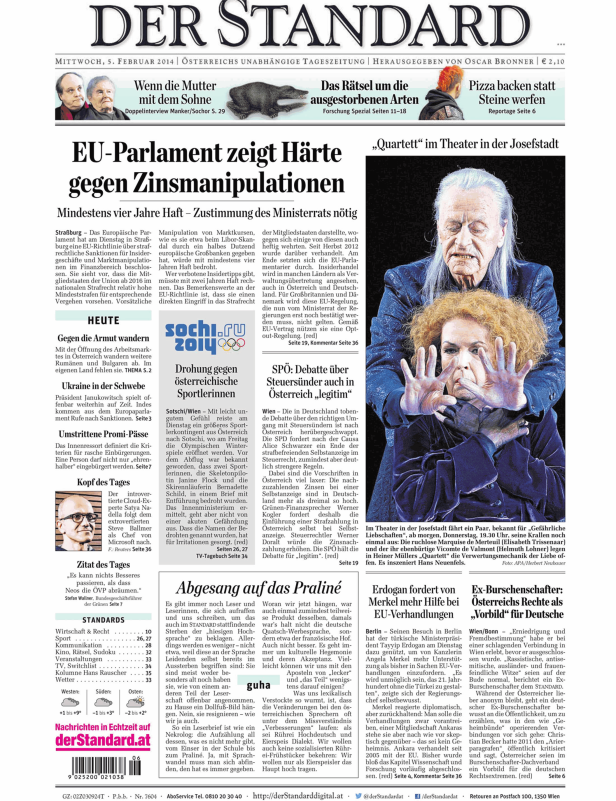 Titelseite der Zeitung „Der Standard“ vom 5. Februar 2014.