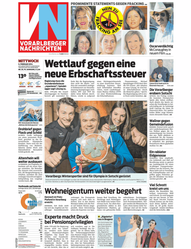 Titelseite der Vorarlberger Nachrichten vom 5. Februar 2014.