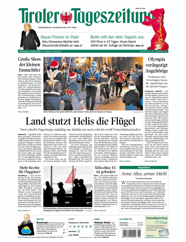 Eine Ausgabe der Tiroler Tageszeitung vom 6. Februar 2014.
