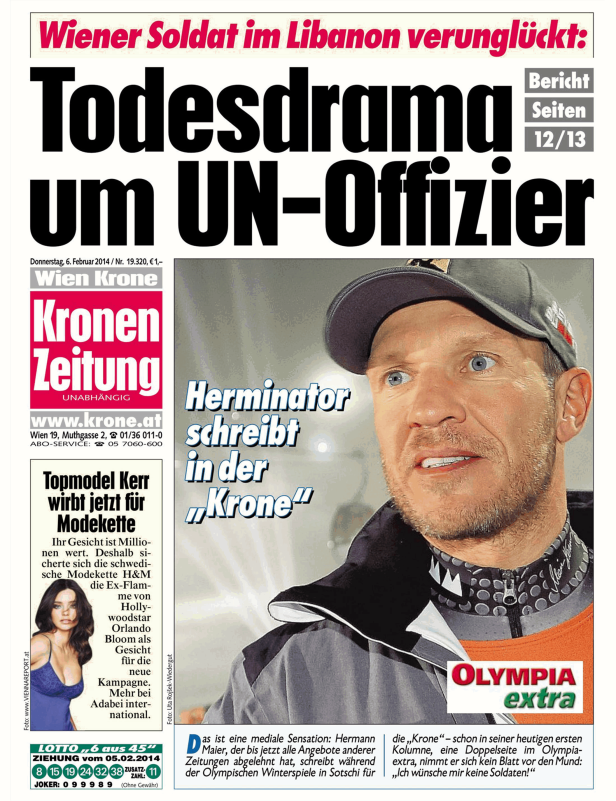 Titelseite der „Kronen Zeitung“ vom 6. Februar 2014 mit Hermann Maier.