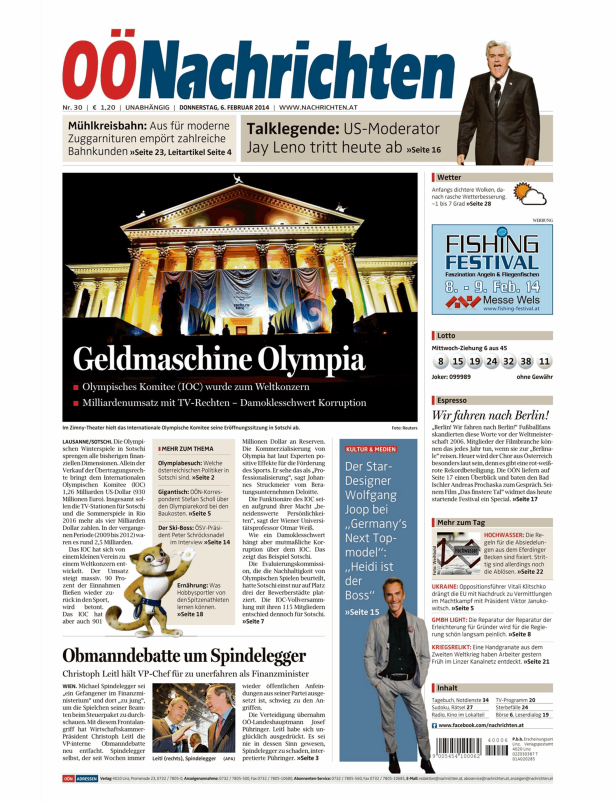 Titelseite der OÖNachrichten vom 6. Februar 2014 mit Nachrichten zu Olympia, Politik und Kultur.