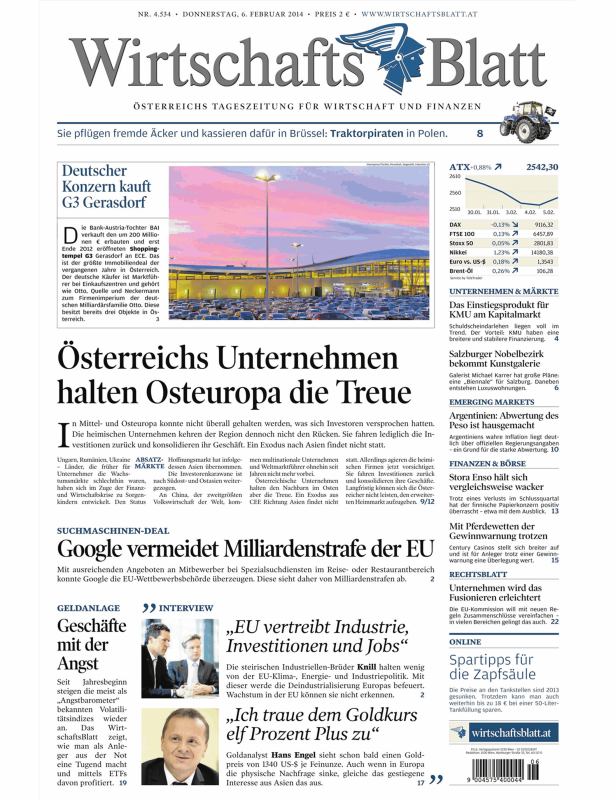 Titelseite des WirtschaftsBlatt vom 6. Februar 2014.