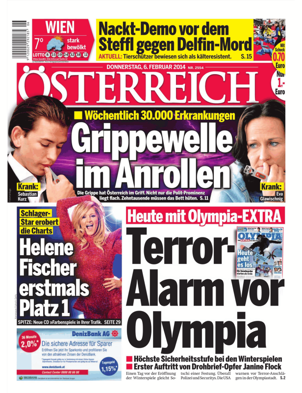 Titelseite der Zeitung „Österreich“ vom 6. Februar 2014 mit Schlagzeilen zu Grippewelle und Terroralarm vor Olympia.