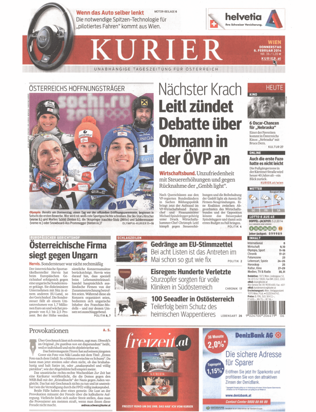 Titelseite des Kurier vom 6. Februar 2014 mit Artikeln über Olympia, Politik und Wirtschaft.