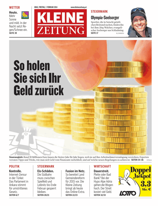 Titelseite der Kleinen Zeitung vom 7. Februar 2014 mit dem Titel „So holen Sie sich Ihr Geld zurück“.