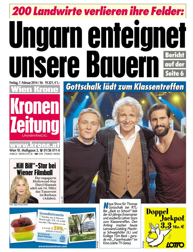 Titelseite der „Kronen Zeitung“ vom 7. Februar 2014 mit einem Artikel über enteignete Bauern in Ungarn und Thomas Gottschalk.