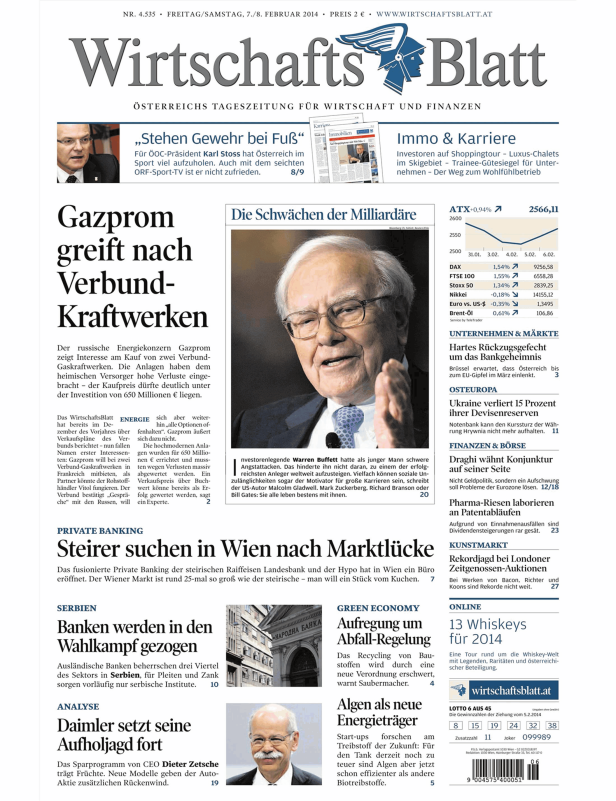 Titelseite des WirtschaftsBlatt vom 7./8. Februar 2014.