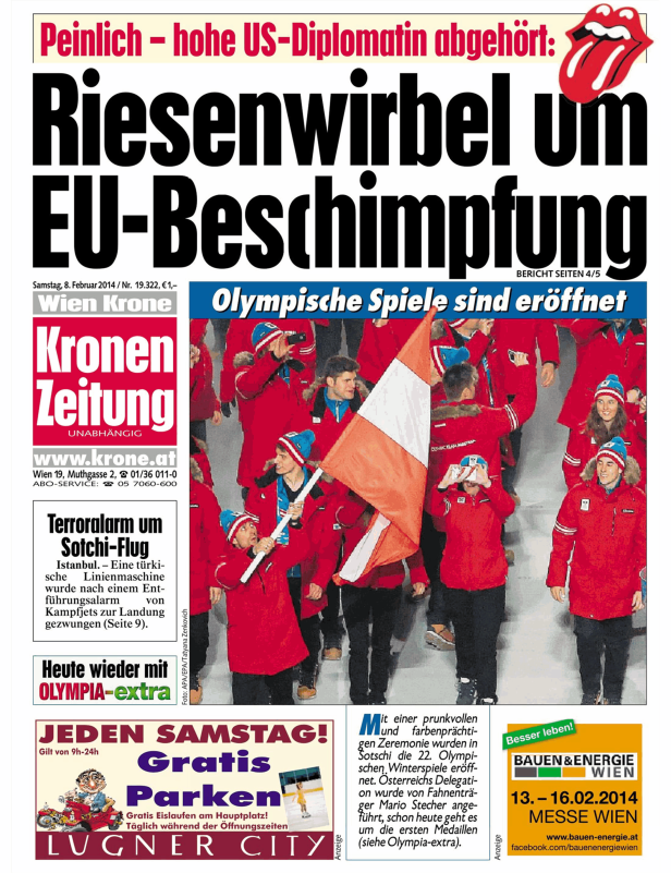 Die österreichische Delegation bei der Eröffnungsfeier der Olympischen Winterspiele in Sotschi 2014.