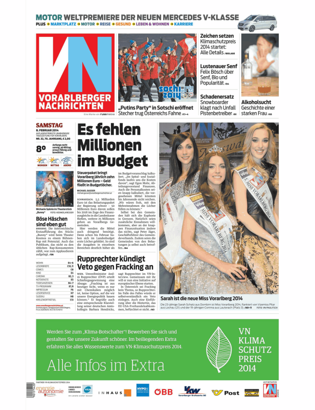 Sarah Schatz ist die neue Miss Vorarlberg 2014, flankiert von zwei weiteren Teilnehmerinnen.