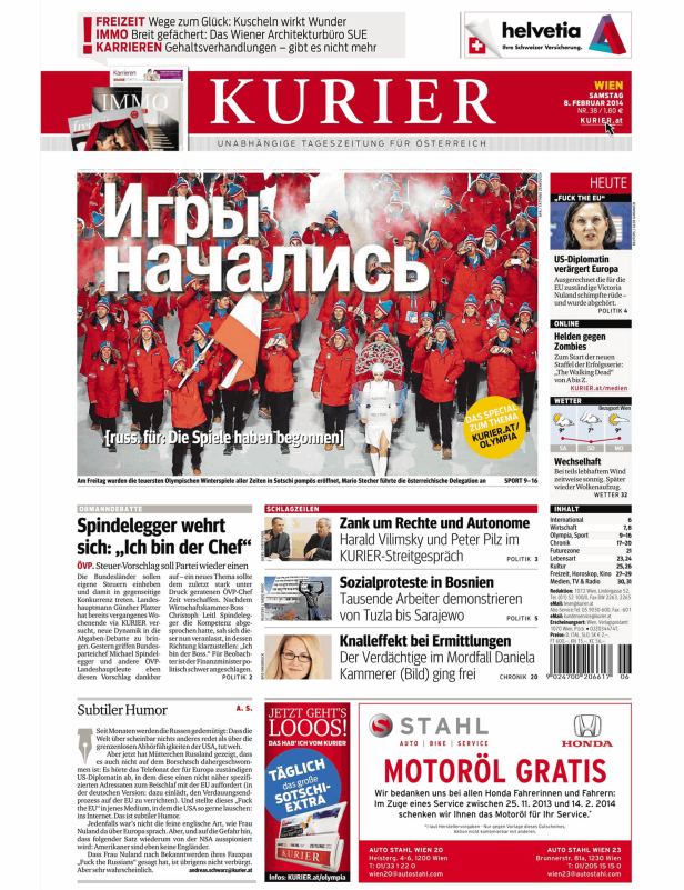 Titelseite des Kurier vom 8. Februar 2014 mit einem Bild der Olympischen Winterspiele in Sotschi.