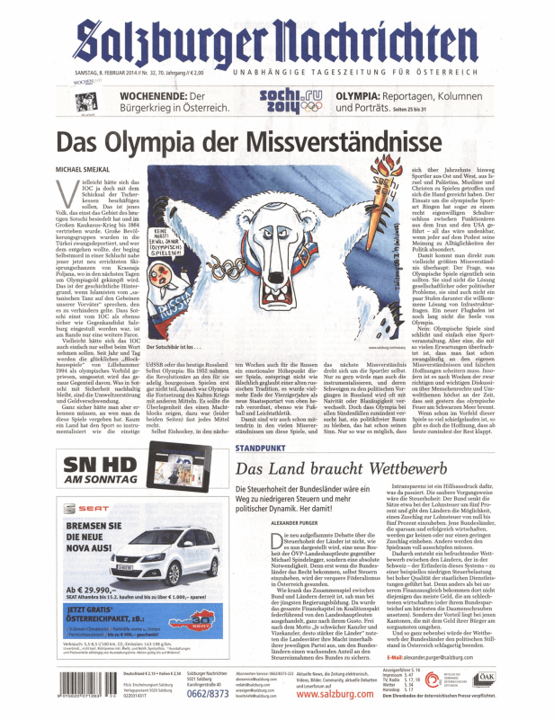 Karikatur in der „Salzburger Nachrichten“ zeigt einen grimmigen Sotschi-Bären mit olympischen Ringen.