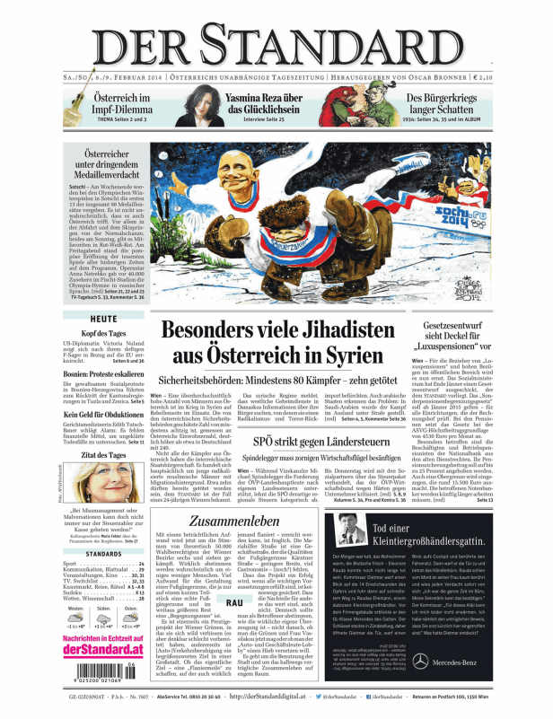 Titelseite der Zeitung „Der Standard“ vom 8./9. Februar 2014.