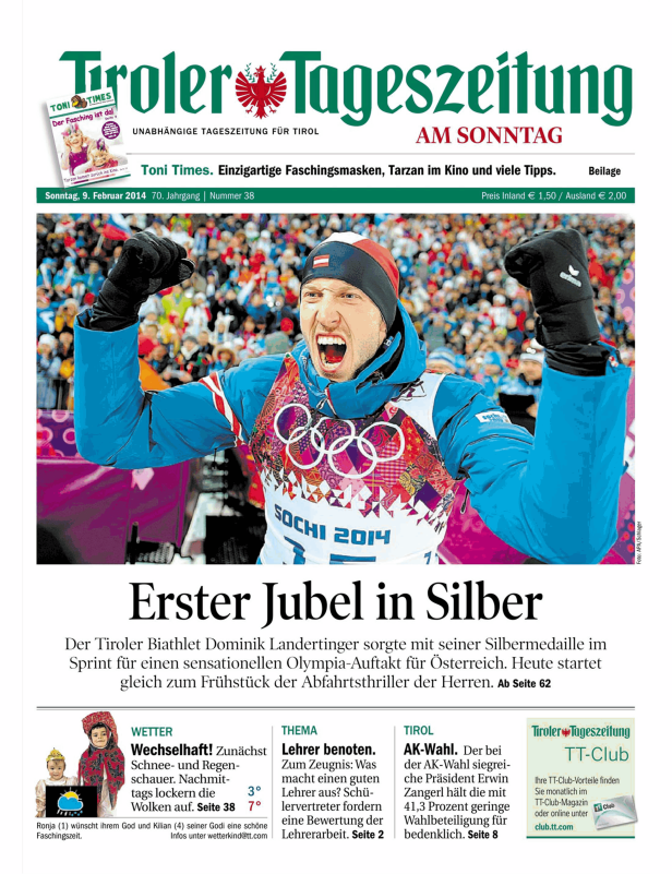 Der Tiroler Biathlet Dominik Landertinger jubelt bei den Olympischen Winterspielen 2014 in Sotschi.