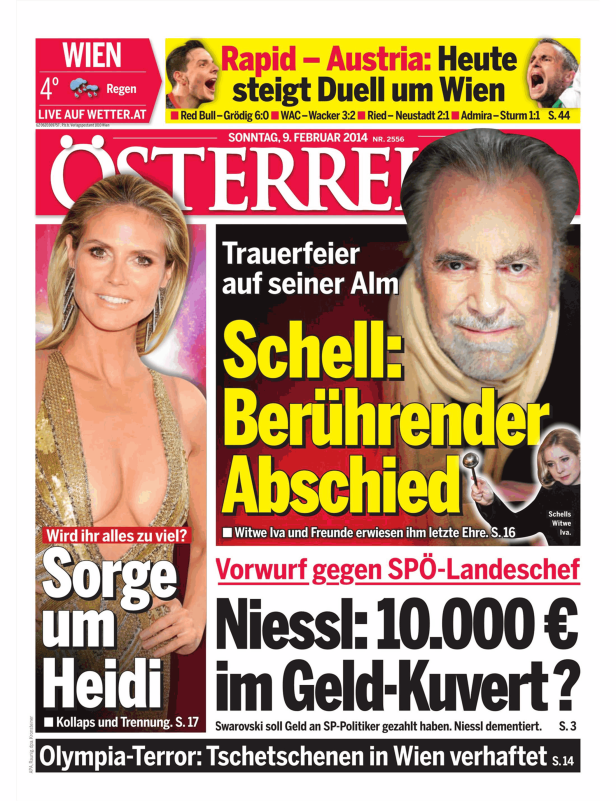 Titelseite der Zeitung „Österreich“ vom 9. Februar 2014 mit Schlagzeilen zu Heidi Klum und dem Tod von Maximilian Schell.