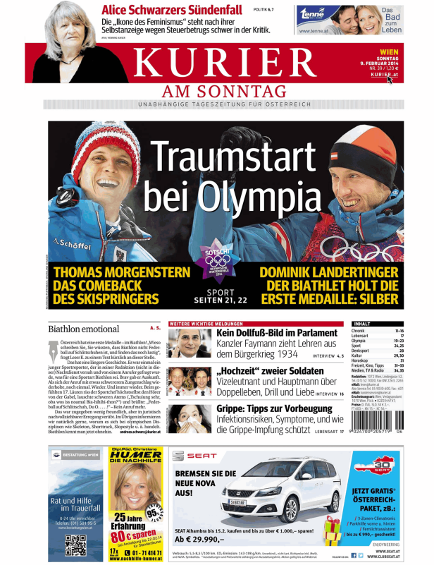 Titelseite des Kurier am Sonntag mit Bildern von Thomas Morgenstern und Dominik Landertinger.