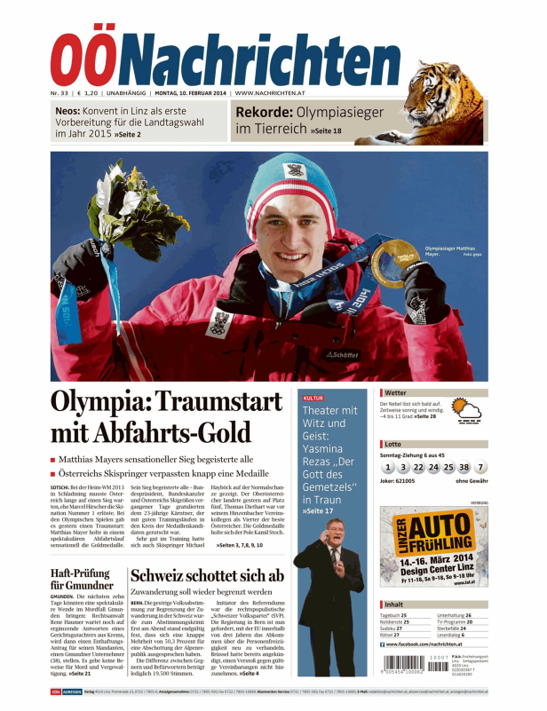 Matthias Mayer, Olympiasieger im Ski Alpin, präsentiert seine Goldmedaille in Sotschi 2014.
