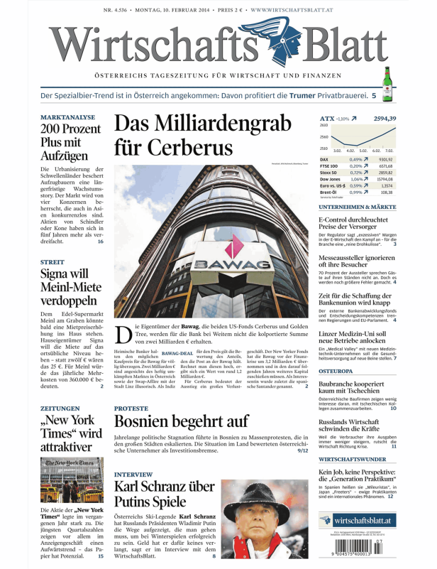 Titelseite des WirtschaftsBlatt vom 10. Februar 2014.