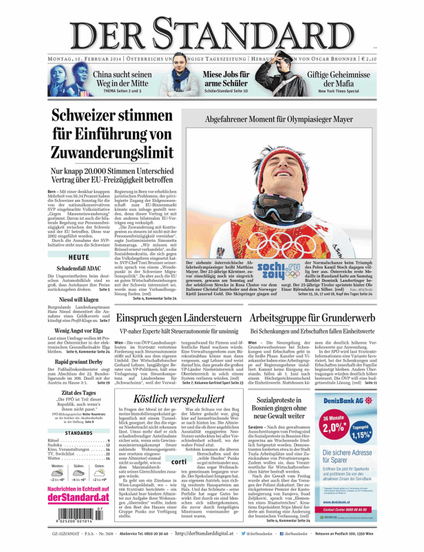Titelseite der Zeitung Der Standard vom 10. Februar 2014.
