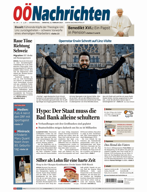 Titelseite der OÖNachrichten vom 11. Februar 2014 mit Erwin Schrott auf Linz-Visite.