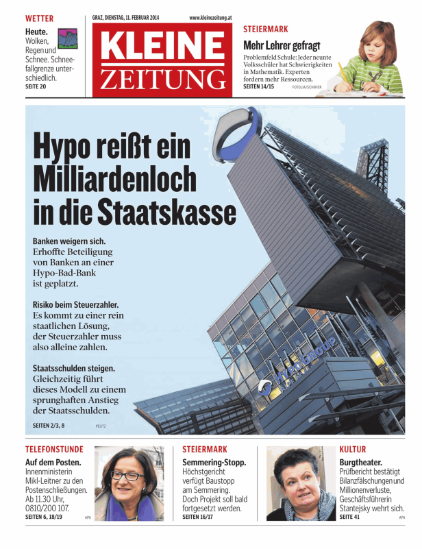 Titelseite der Kleinen Zeitung vom 11. Februar 2014 mit dem Titel „Hypo reißt ein Milliardenloch in die Staatskasse“.