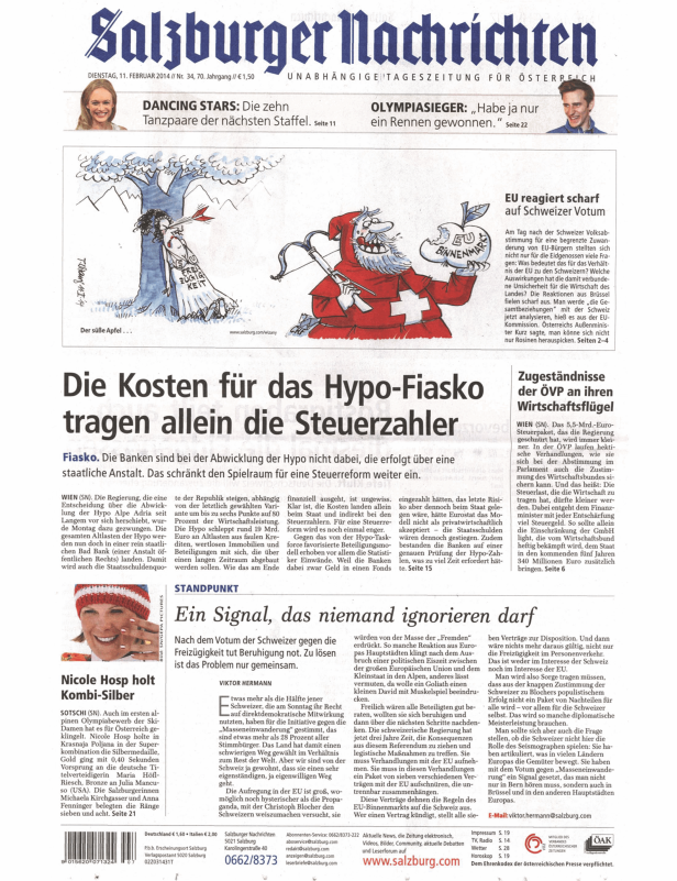 Karikatur zum Schweizer Votum gegen die Zuwanderung mit Bezug zur EU.