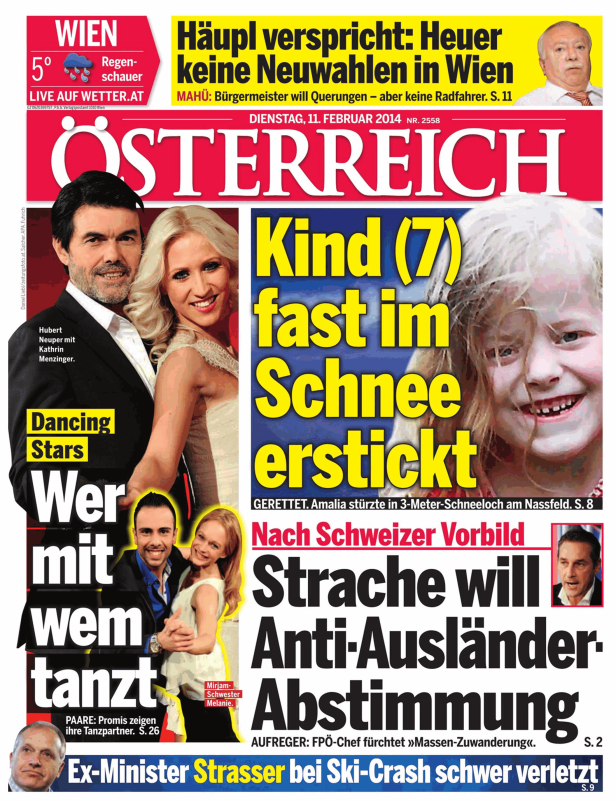 Titelseite der Zeitung „Österreich“ vom 11. Februar 2014 mit verschiedenen Schlagzeilen.