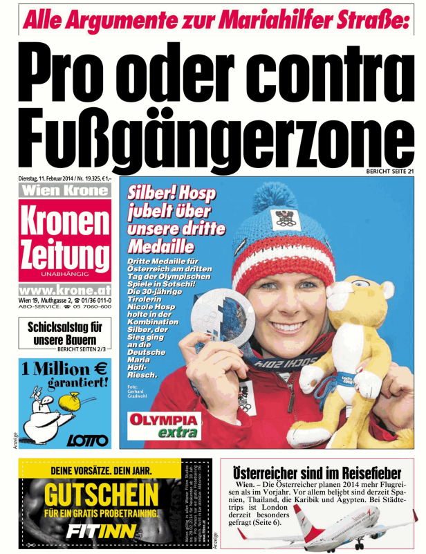 Titelseite der Kronen Zeitung vom 11. Februar 2014 mit Nicole Hosp und ihrer gewonnenen Silbermedaille.