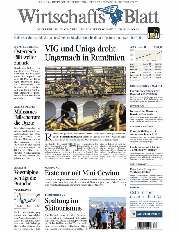 Titelseite des WirtschaftsBlatt vom 12. Februar 2014.